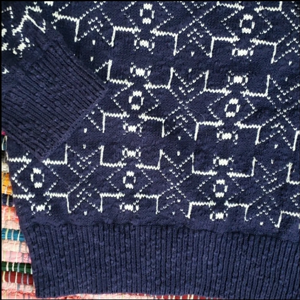 French Connection Mens Crewneck Cotton Sweater Blue with White Snowflakes